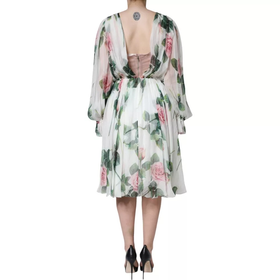 White Silk Floral Print A-line Midi Dress hover
