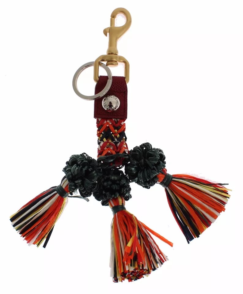 Multicolor Raffia Leather Clasp Finder Chain Keyring hover