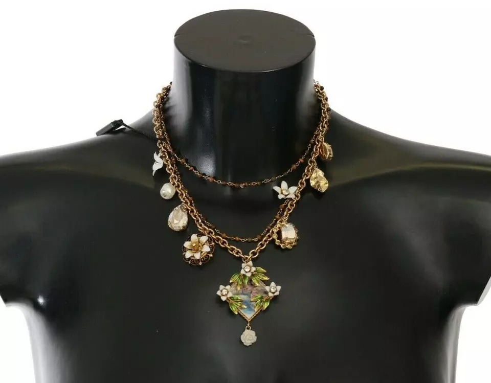 Gold Brass Crystal Floral Statement Charms Necklace hover