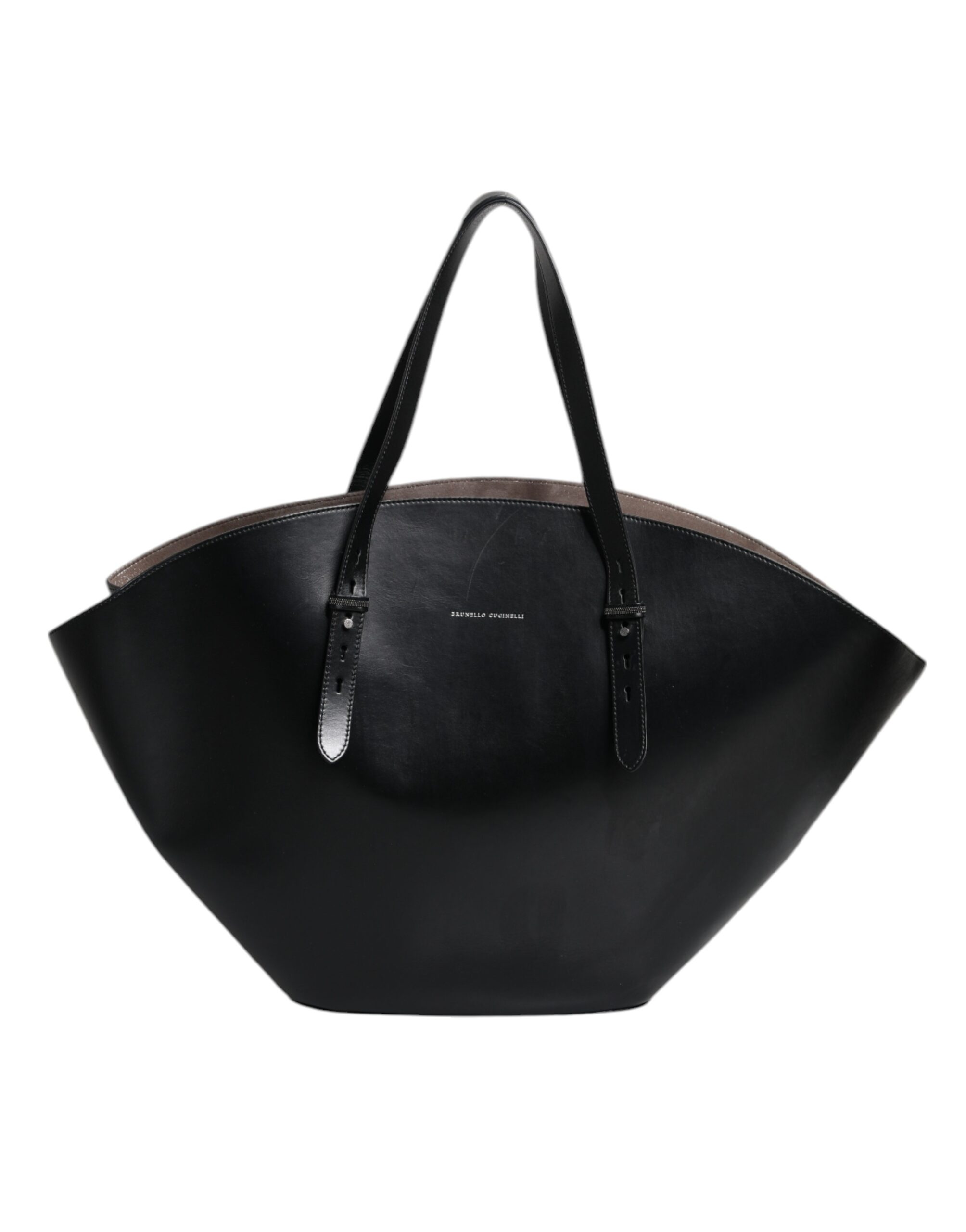 Black Leather Logo Shoulder Strap Shopping Tote Bag hover
