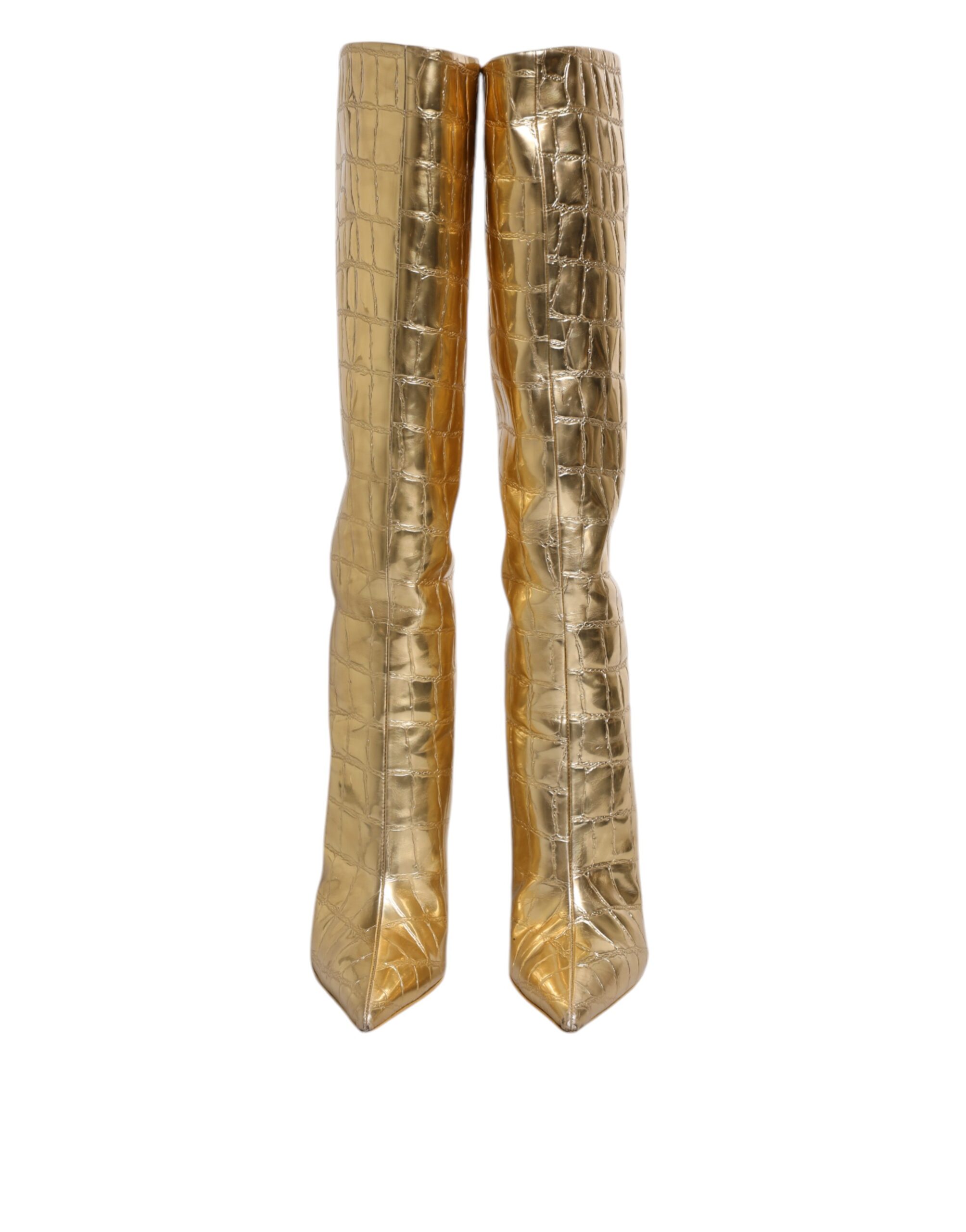 Gold Leather Stiletto Heels High Boots Shoes hover