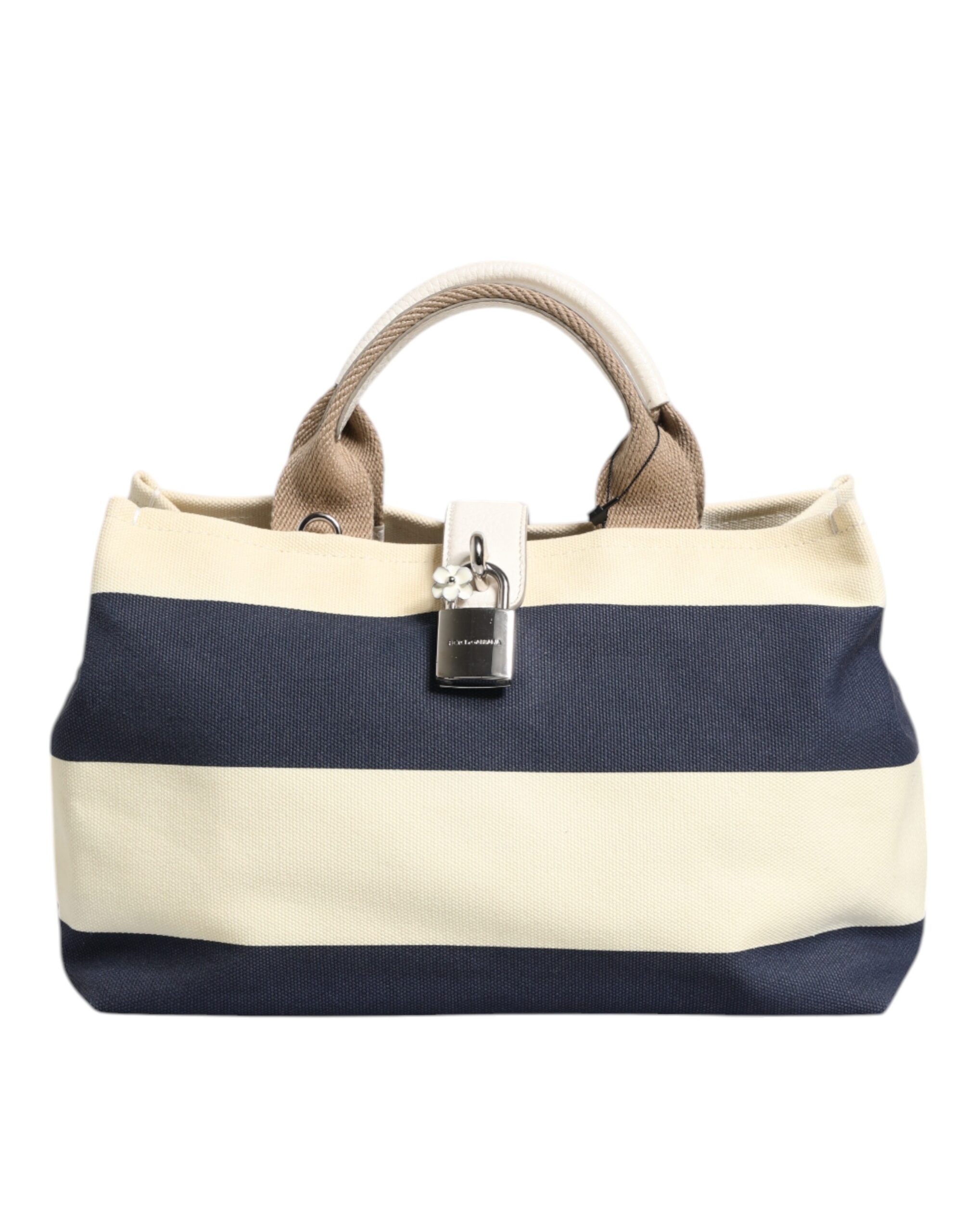 White Navy Striped Canvas Top Handle Tote Bag hover