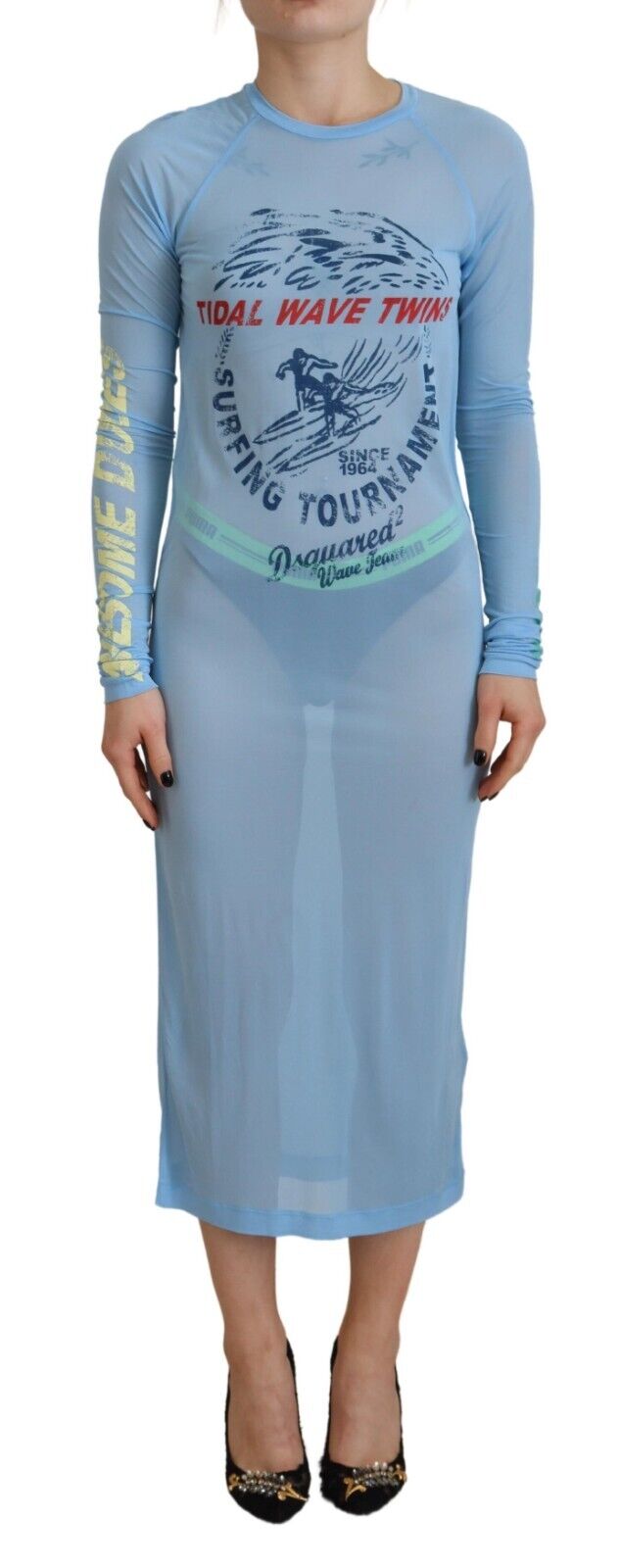 Blue Printed Viscose Long Sleeves Cover Up Dress hover