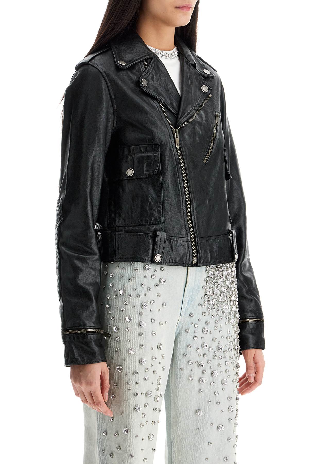 shiny black sheepskin biker jacket with sturdy zip hover