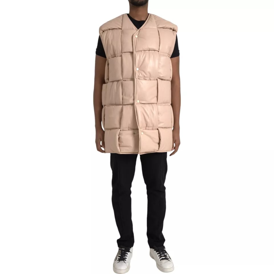 Beige Quilted Sleeveless Calf Leather Jacket hover