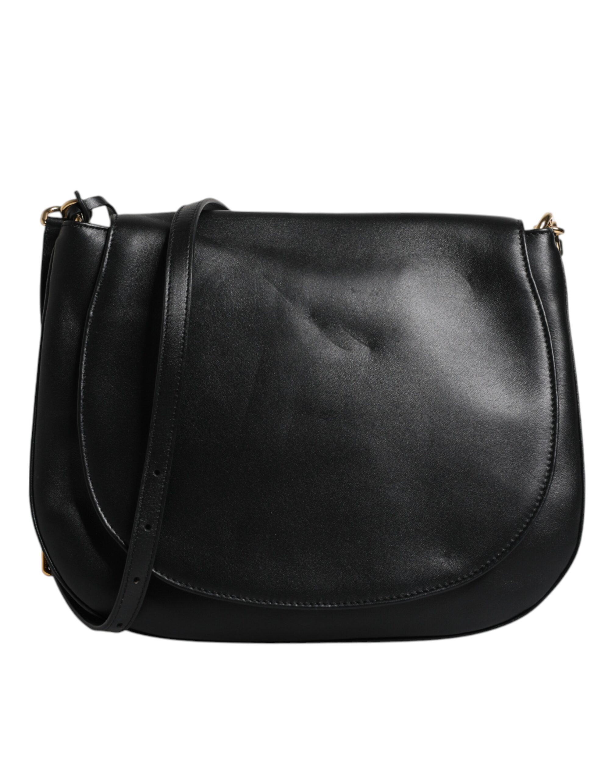 Black Leather Flap Saddle Shoulder Bag hover