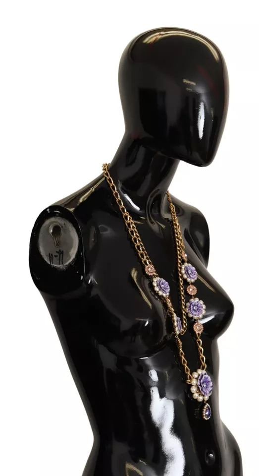 Gold Tone Floral Crystals Purple Embellished Necklace hover