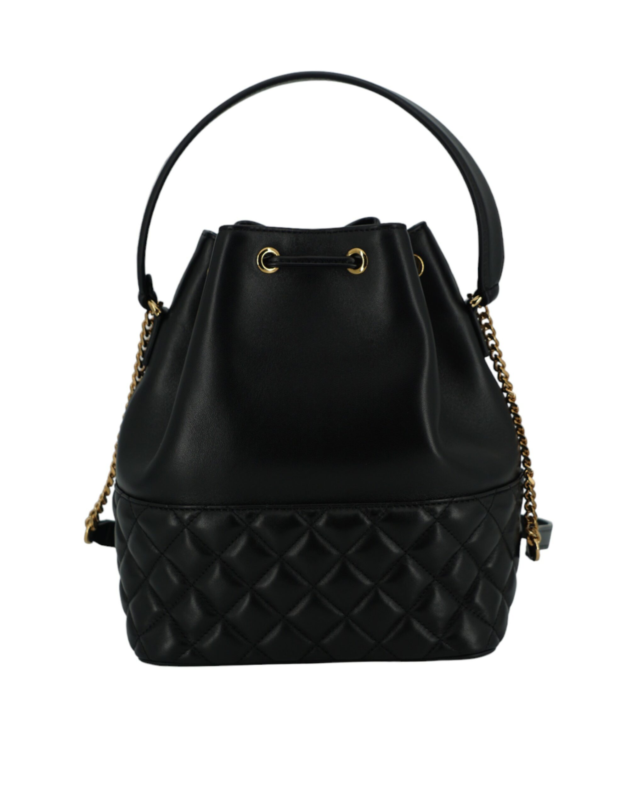 Elegant Black Leather Medusa Bucket Shoulder Bag hover
