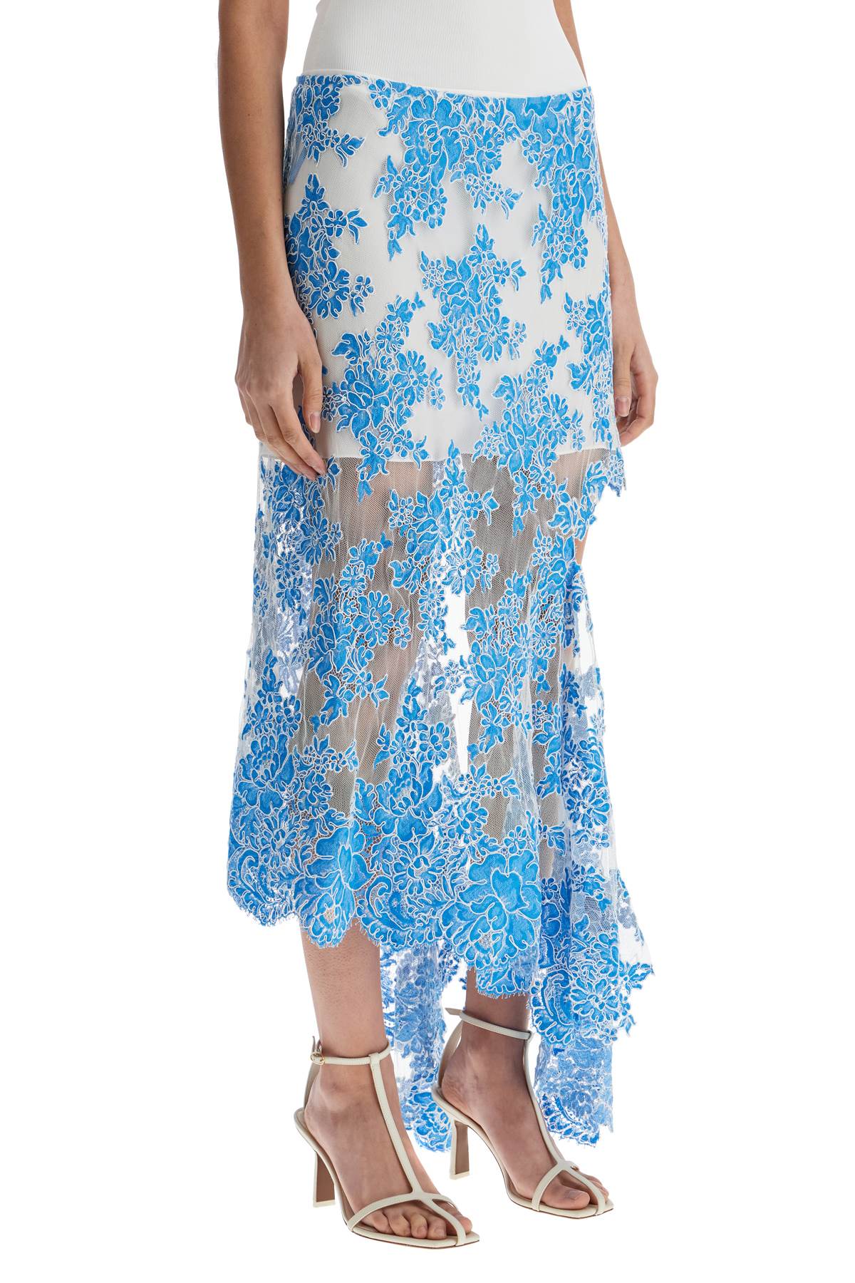 asymmetrical blue floral cotton lace skirt hover