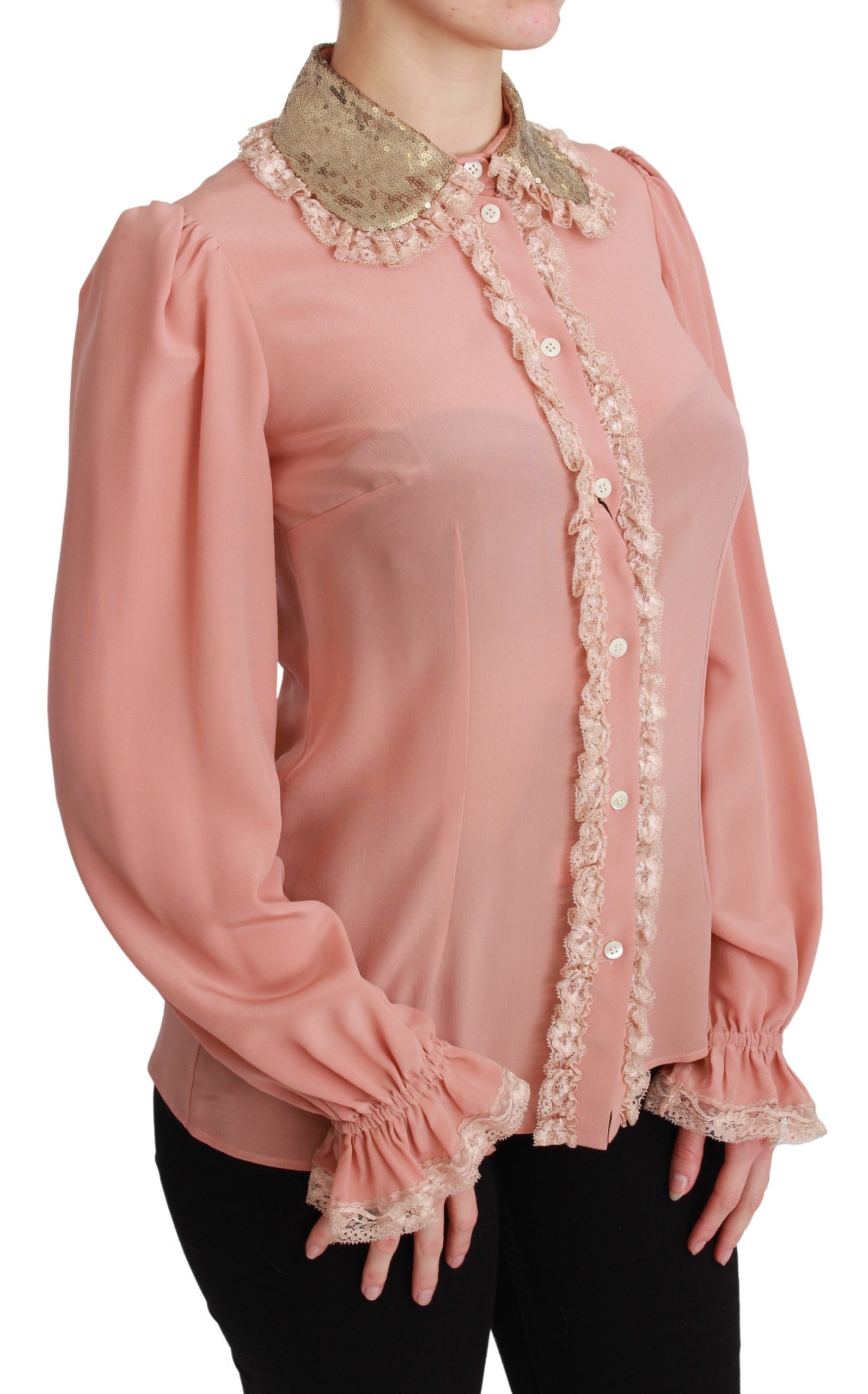 Elegant Pink Lace Silk Blouse with Gold Sequins hover
