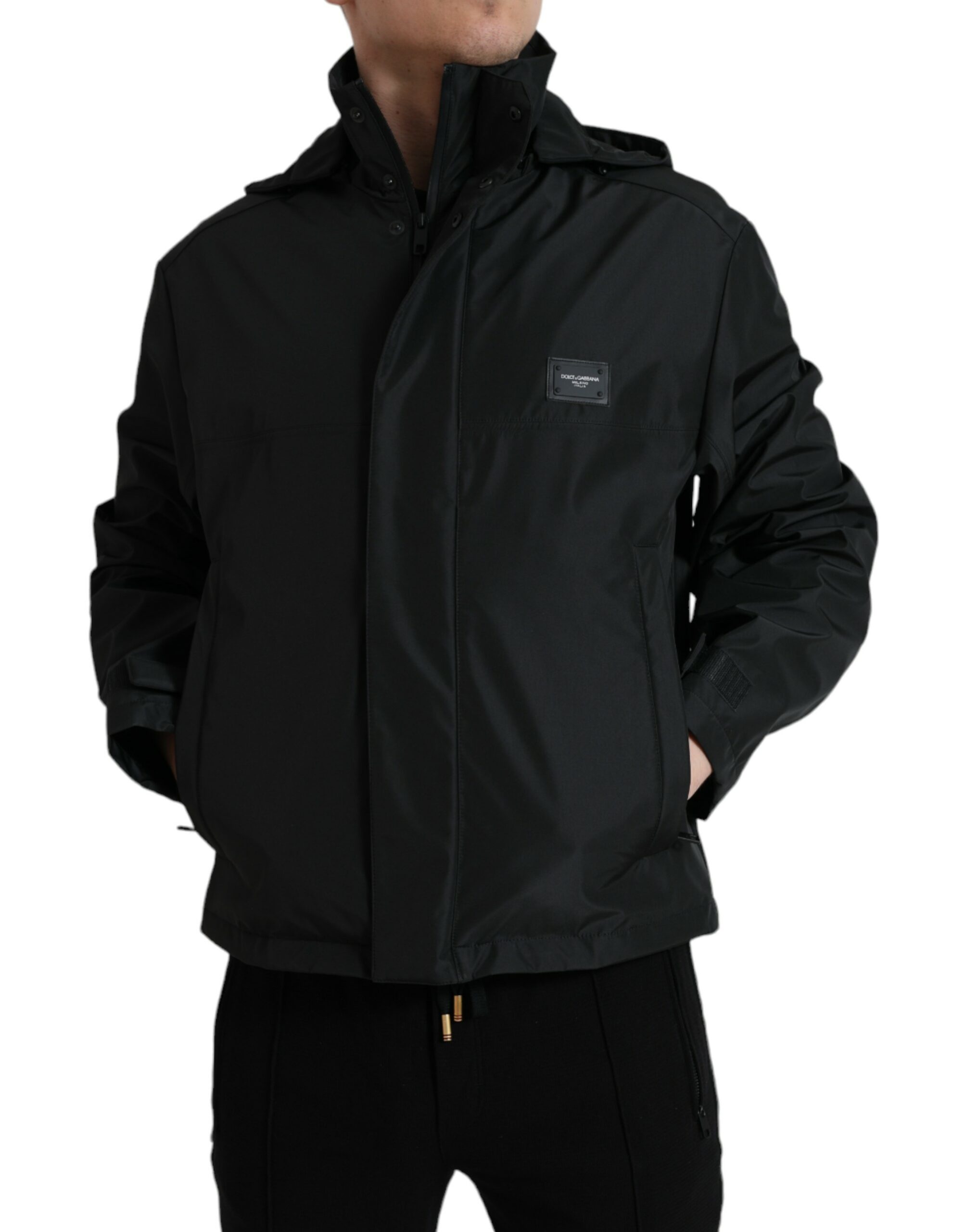 Black Polyester Logo Plaque Hooded Jacket hover