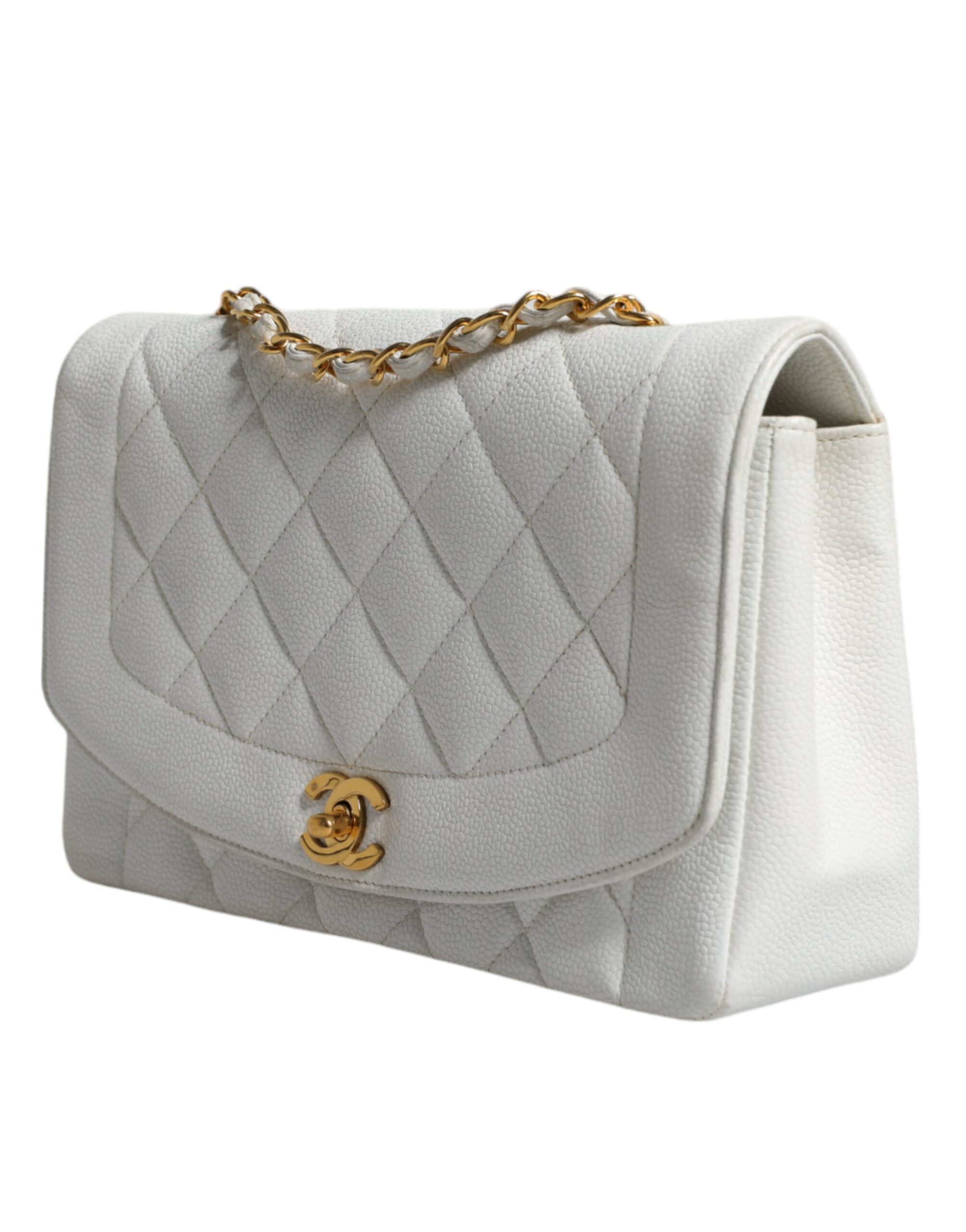 White Medium Classic DIANA Shoulder Bag Gold Plated Purse hover