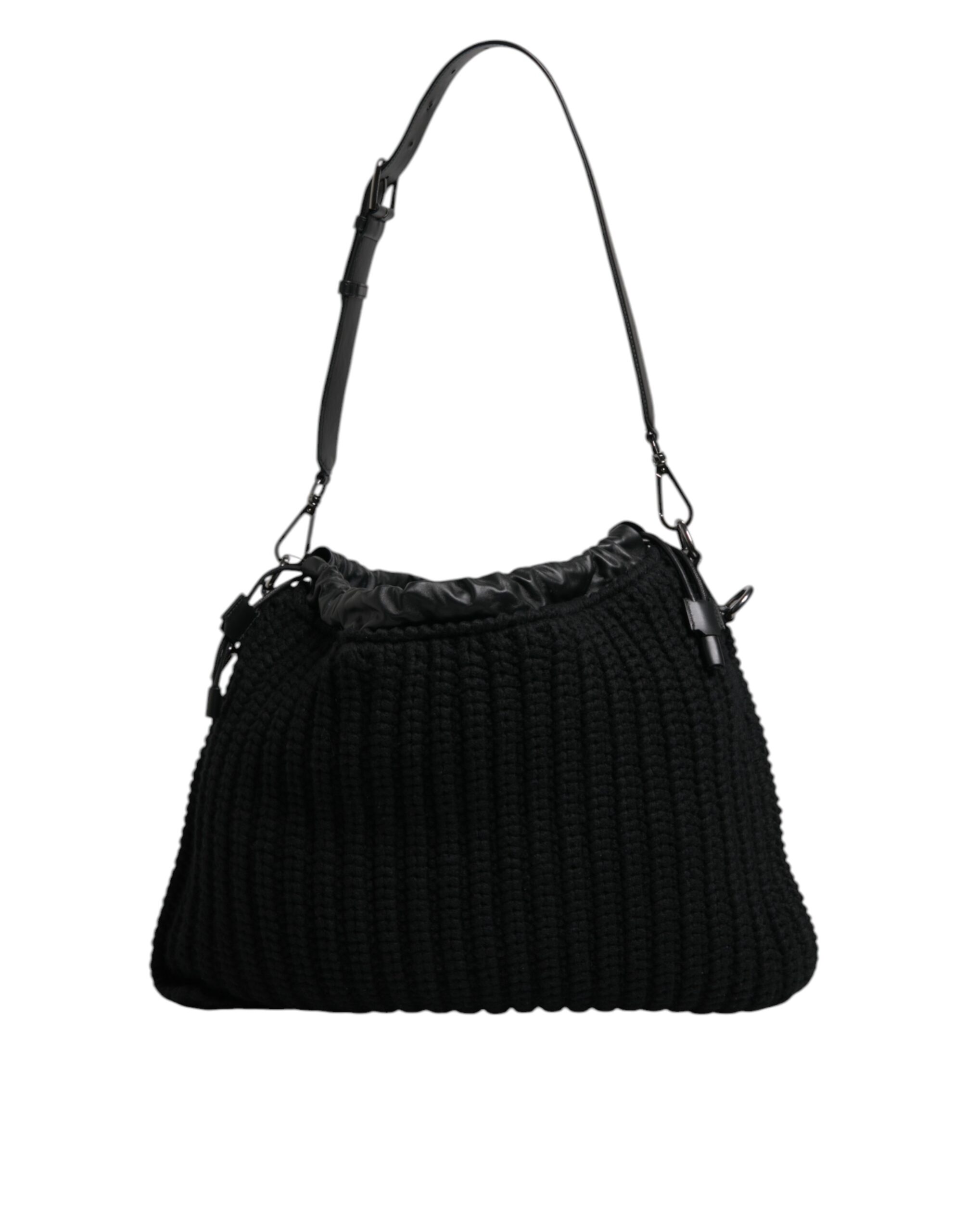 Black Cashmere Knitted Leather Shoulder Bag hover