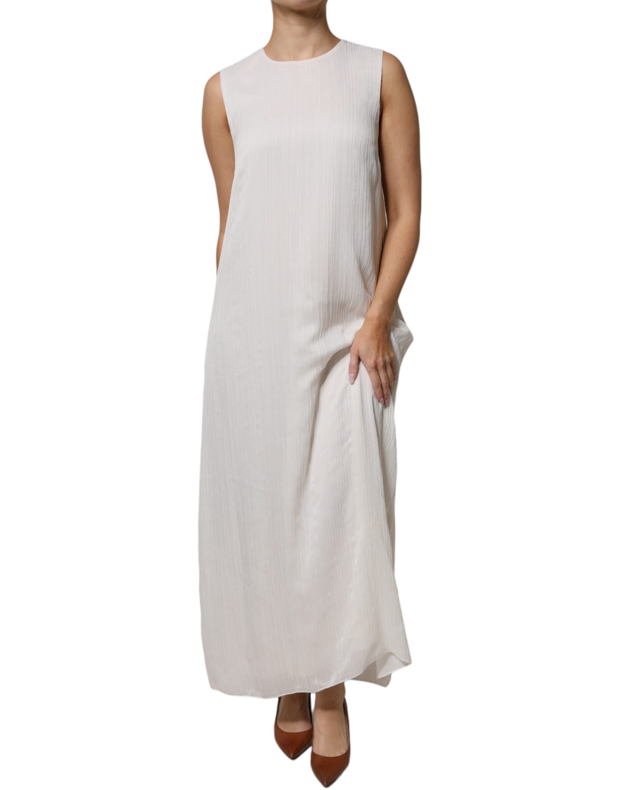 White Sleeveless Round Neck Shift Long Maxi Dress hover