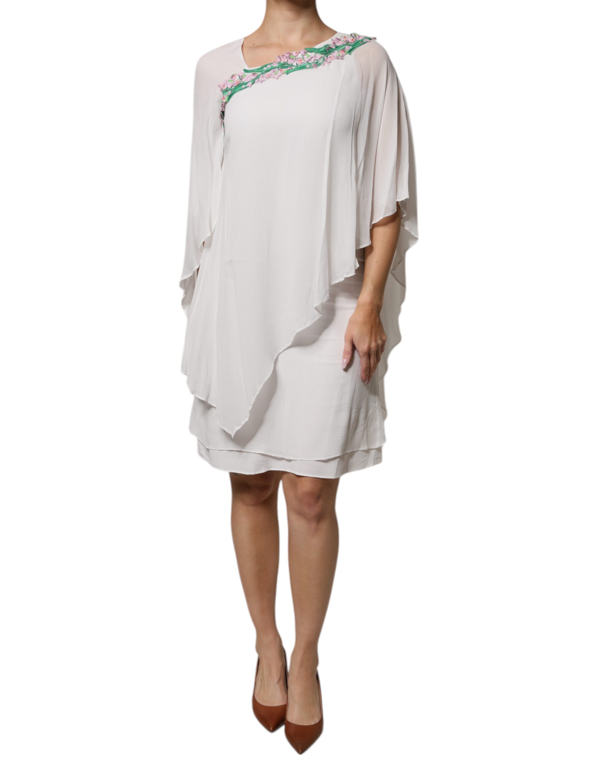 White Floral Embroidery Viscose Chiffon Shift Dress hover
