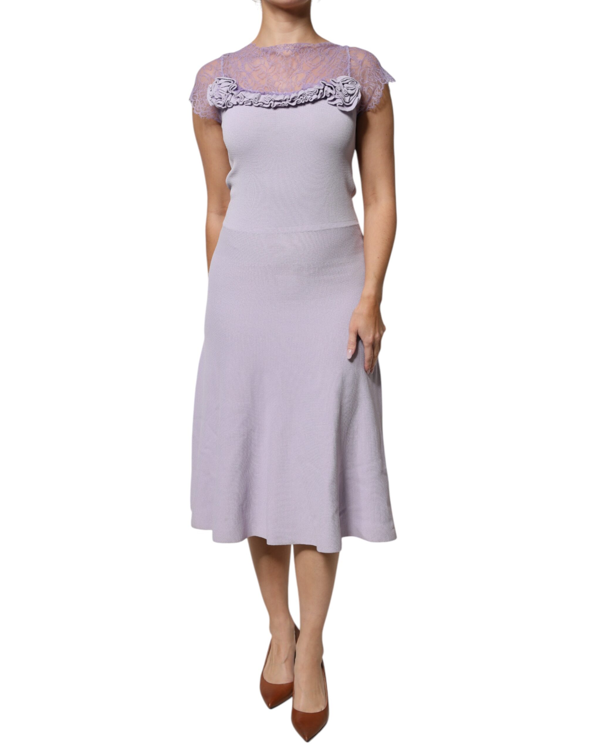 Purple Short Sleeves Floral Lace Trim A-line Midi Dress hover