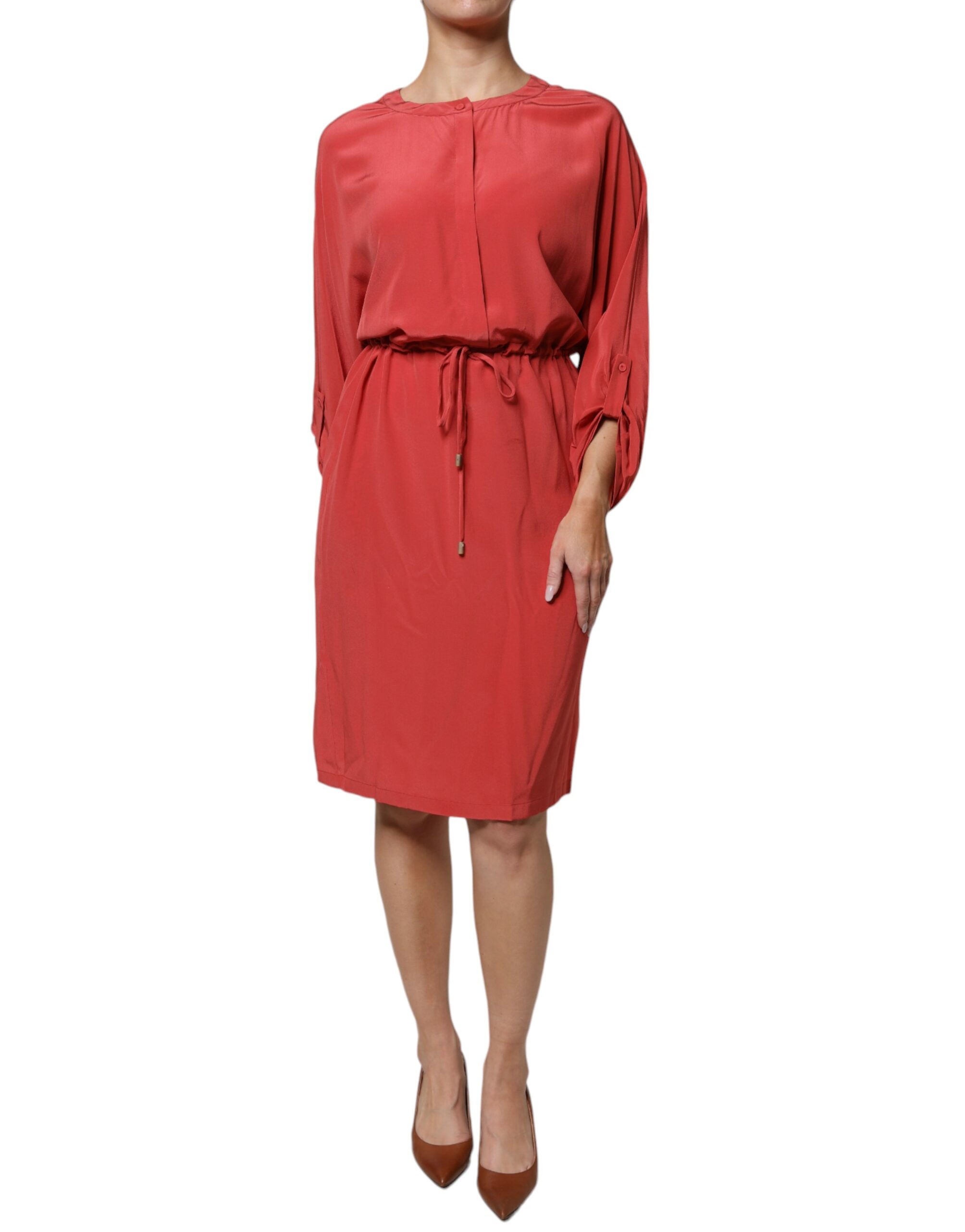 Red Long Sleeves Pencil Cut Drawstring Waist Dress hover