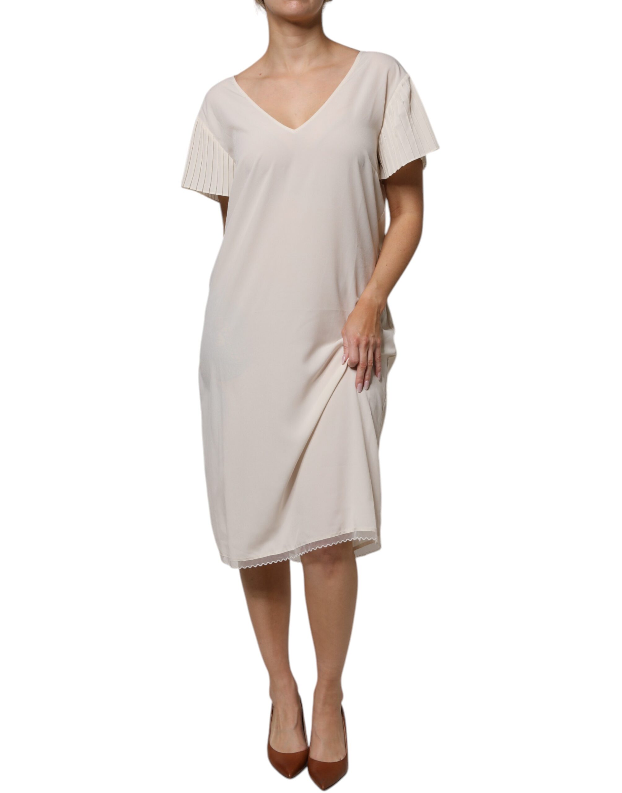 Off White Short Sleeves V-neck Shift Midi Dress hover