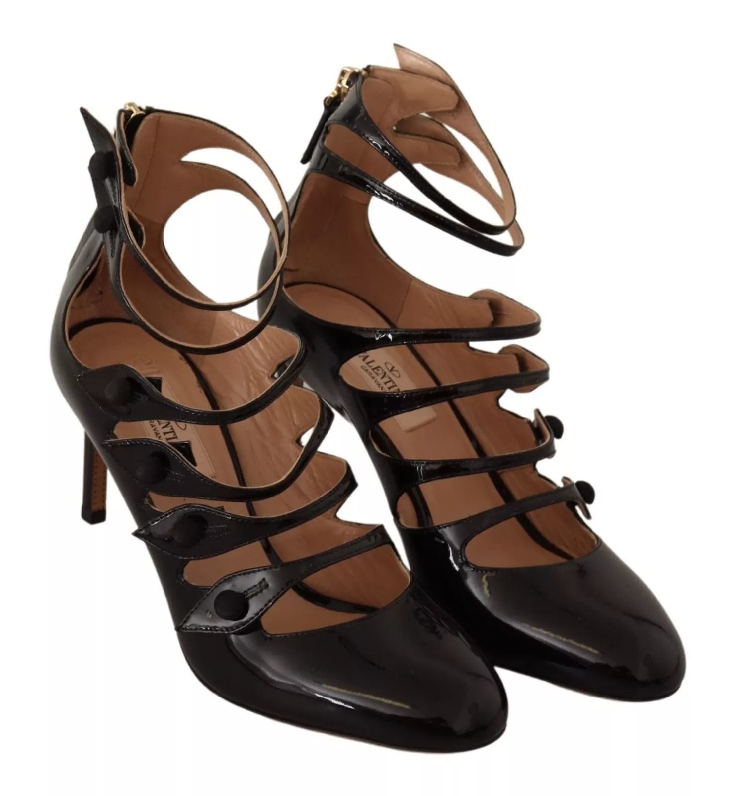 Black Multi Strap Leather Mid Heels Pumps Shoes hover