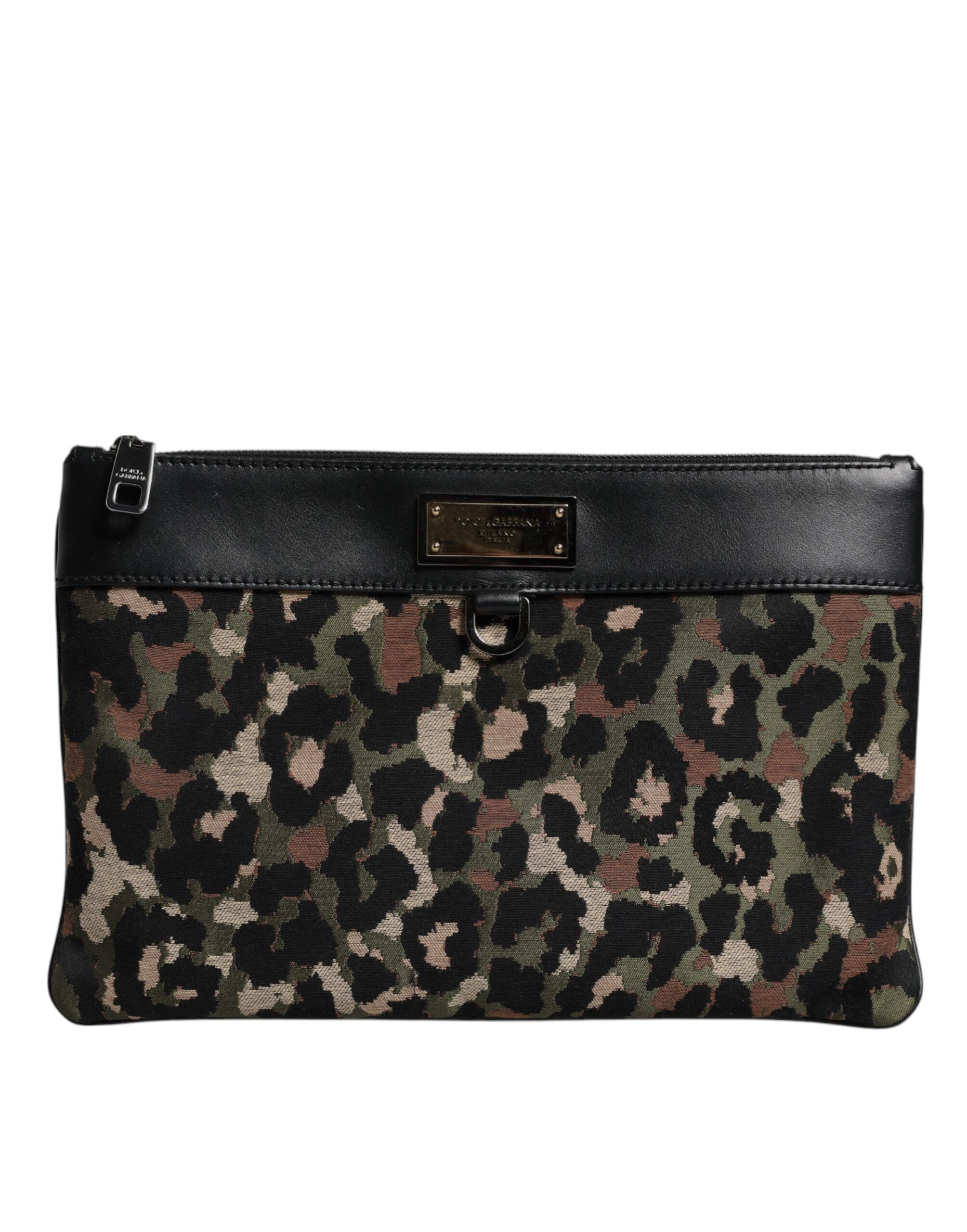 Multicolor Leopard Jacquard Print Logo Plaque Pouch Bag