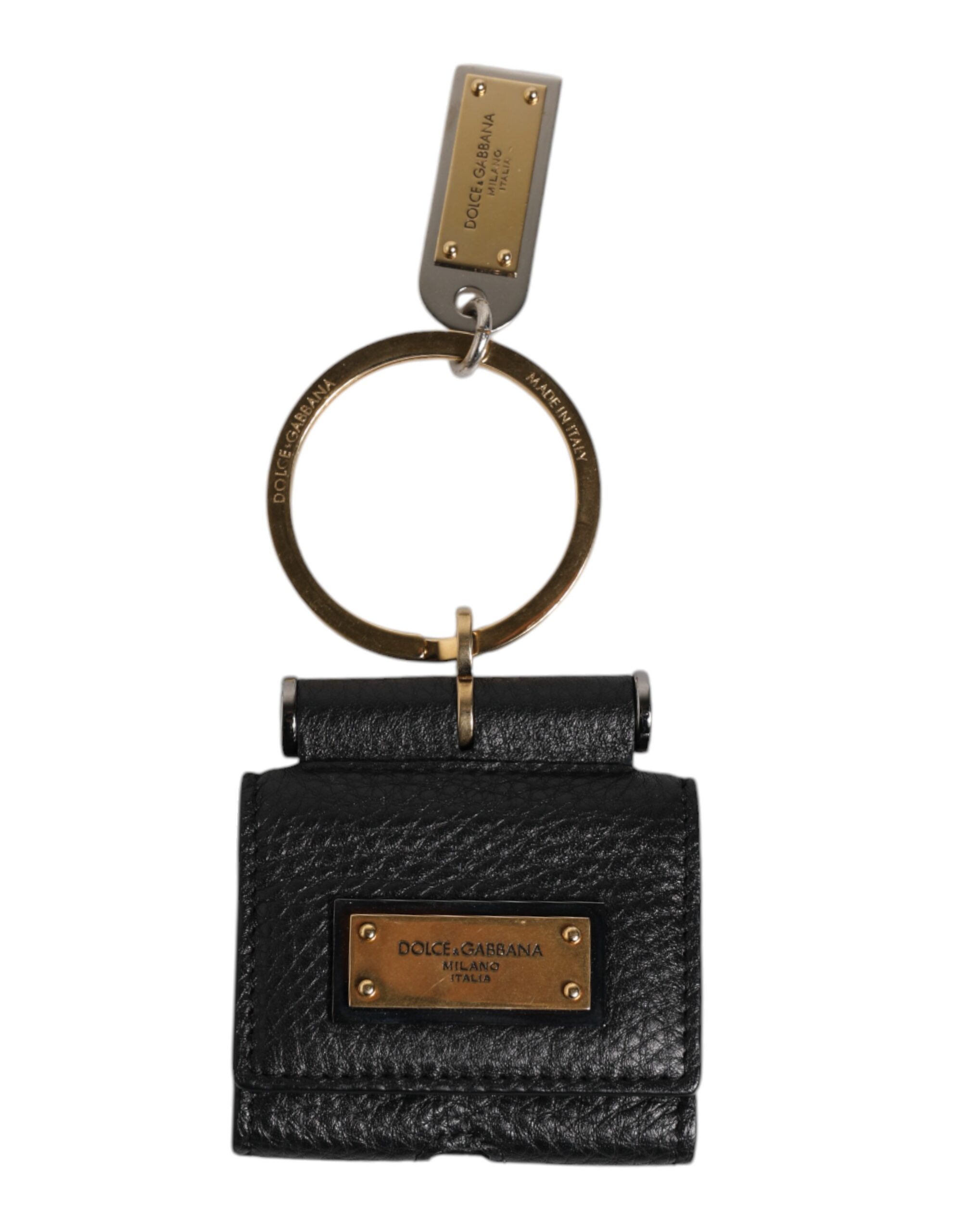 Black Leather Strap Gold Metal Logo Plaque Airpods Case hover