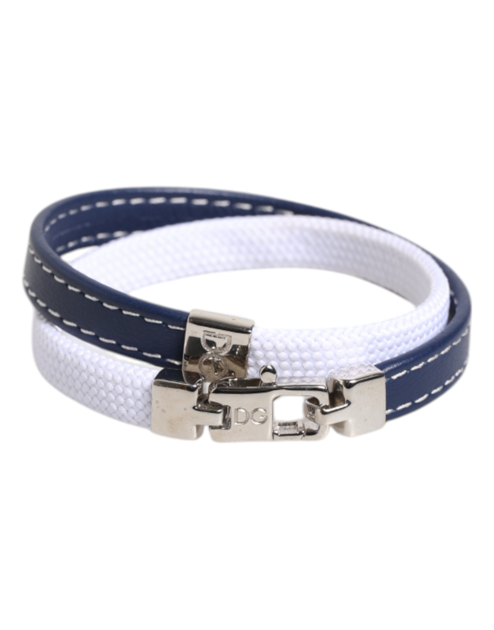 Blue White Leather Trimmed DG Engraved Silver Tone Clasp Bracelet hover
