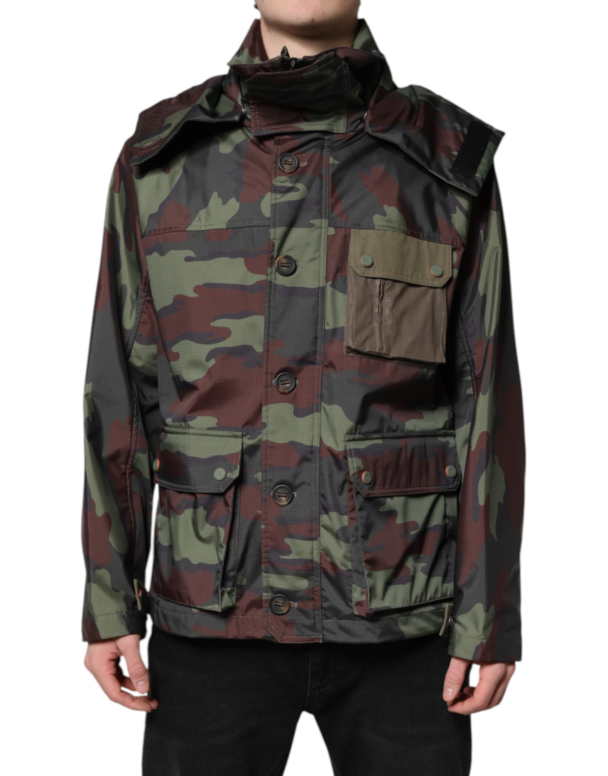 Multicolor Camouflage Button Hooded Jacket hover