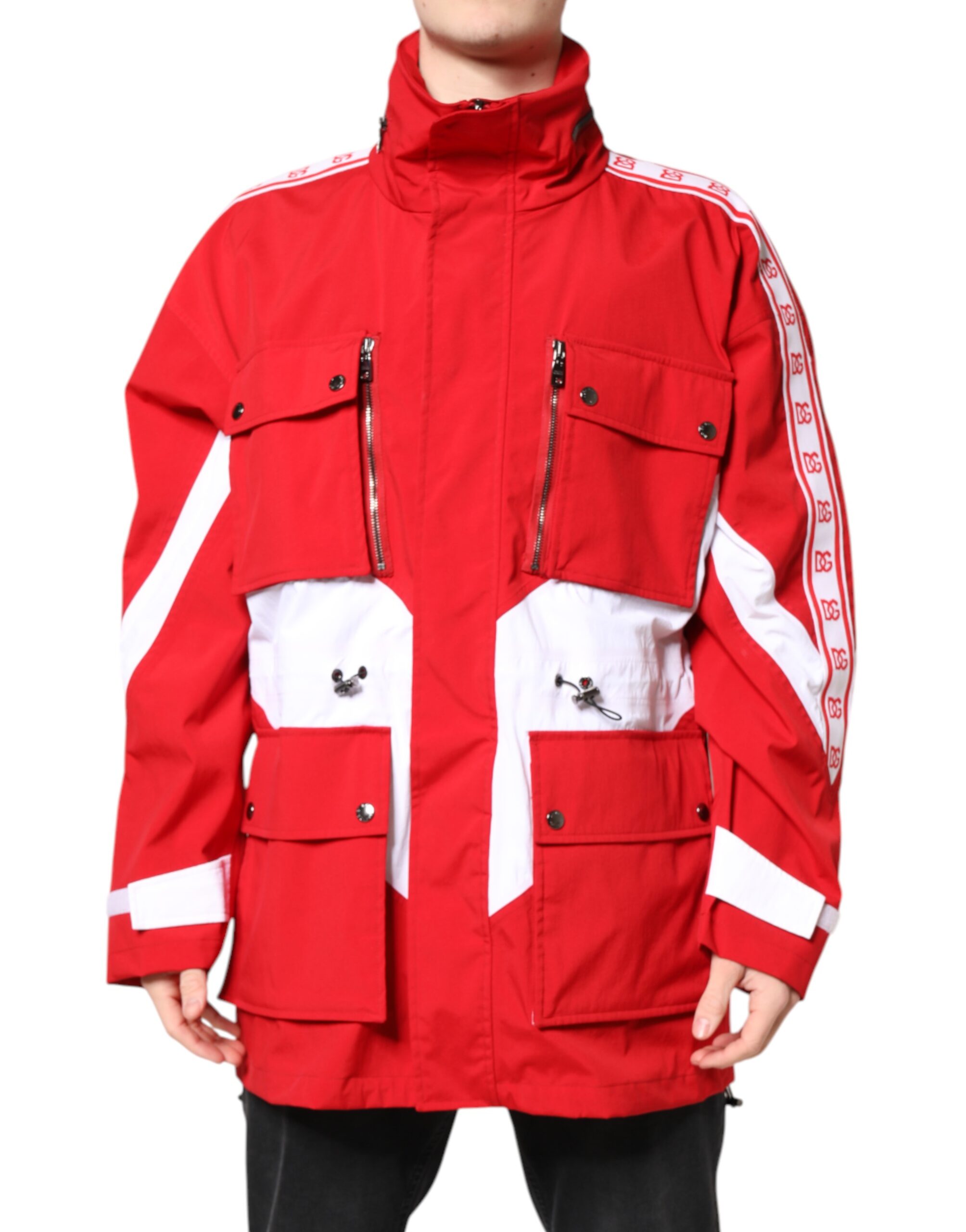 Red White Nylon Full Zip Windbreaker Jacket hover