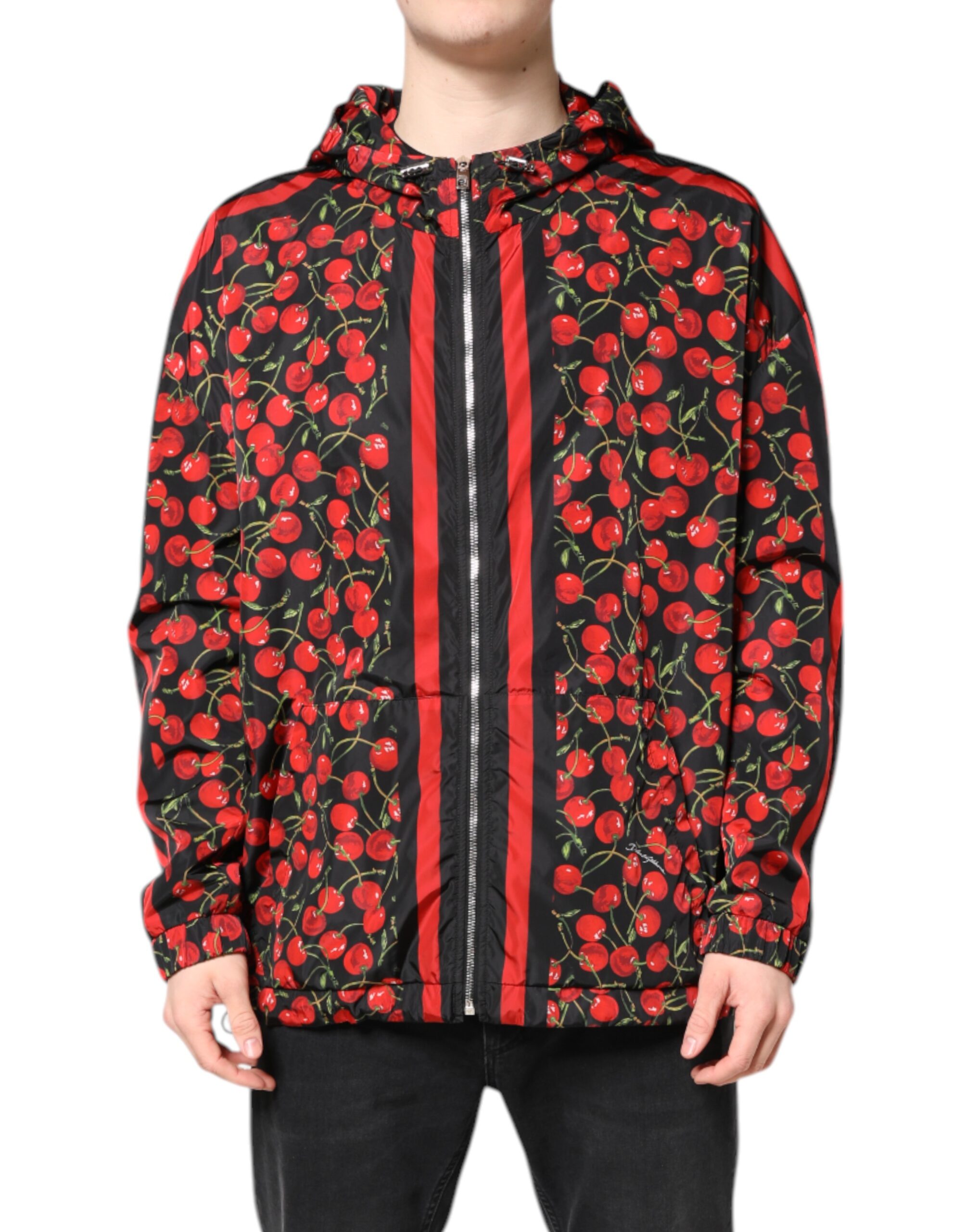 Black Cherry Print Hooded Windbreaker Jacket hover