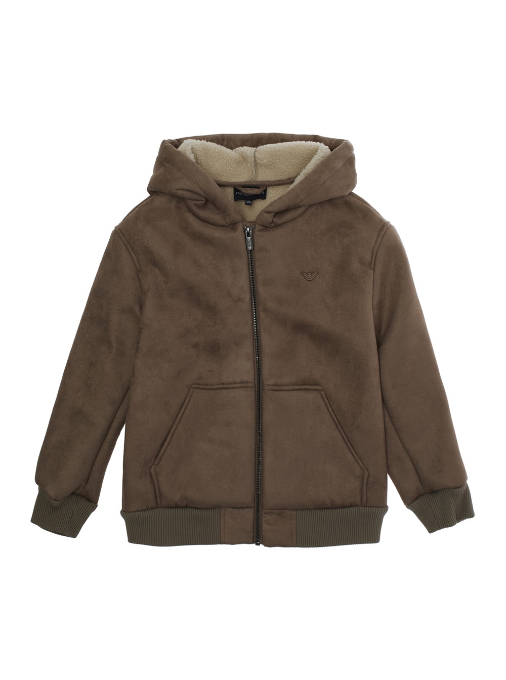 Brown Jacket with Fixed Hood and Logo Embroidery on the Front in Tech Fabric Boy