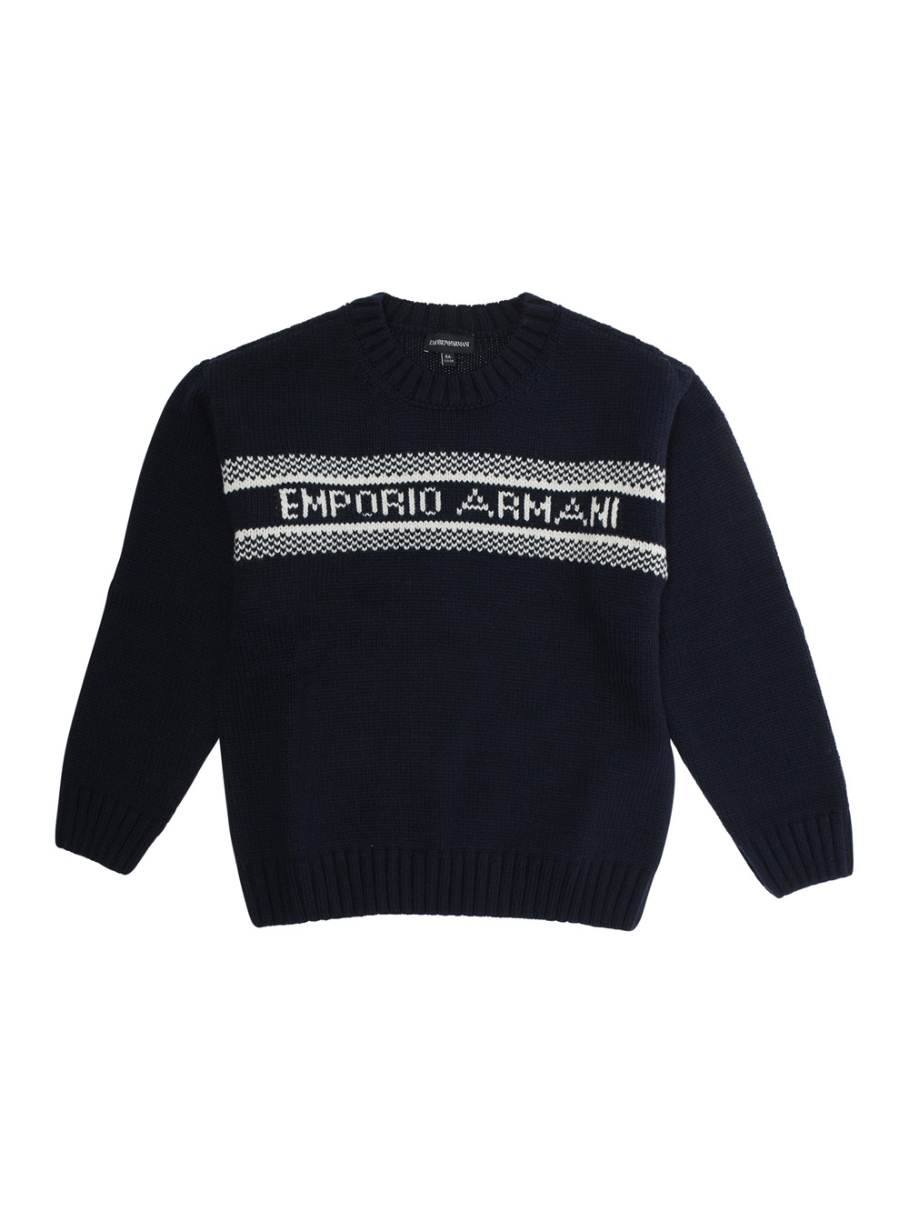 Blue Crewneck Sweater with Maxi Logo Lettering on the Front and Ribbed Trims in Wool Blend Boy