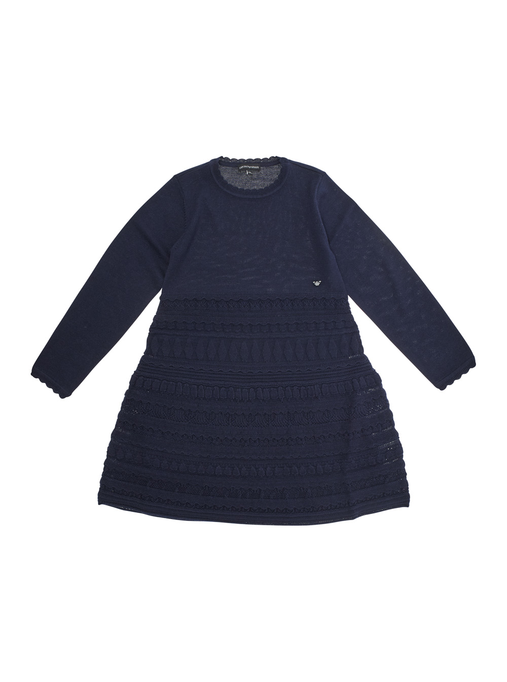 Blue Dress with Round Neck and Logo Embroidery on the Front in Wool Blend Girl