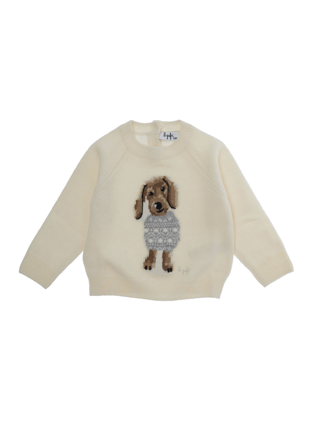 White Sweater with Round Neck and Logo Embroidery on the Front in Wool Baby