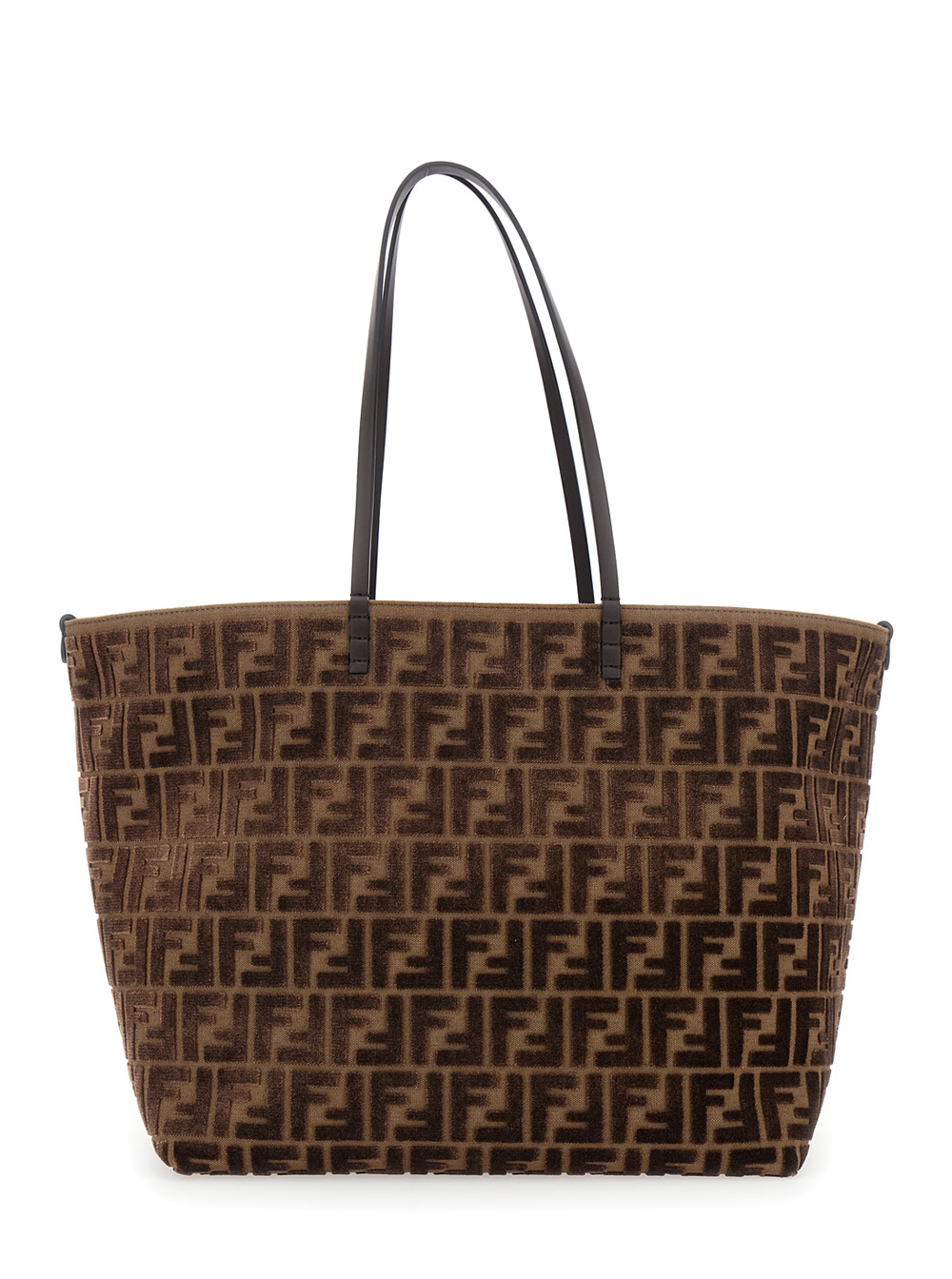 Roll Large Brown Shopper with All-Over FF Motif in Cotton Blend with Sponge Effect Woman
