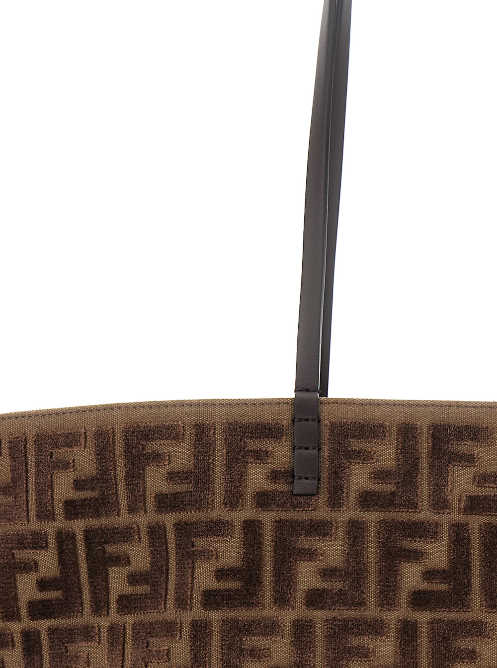 Roll Large Brown Shopper with All-Over FF Motif in Cotton Blend with Sponge Effect Woman
