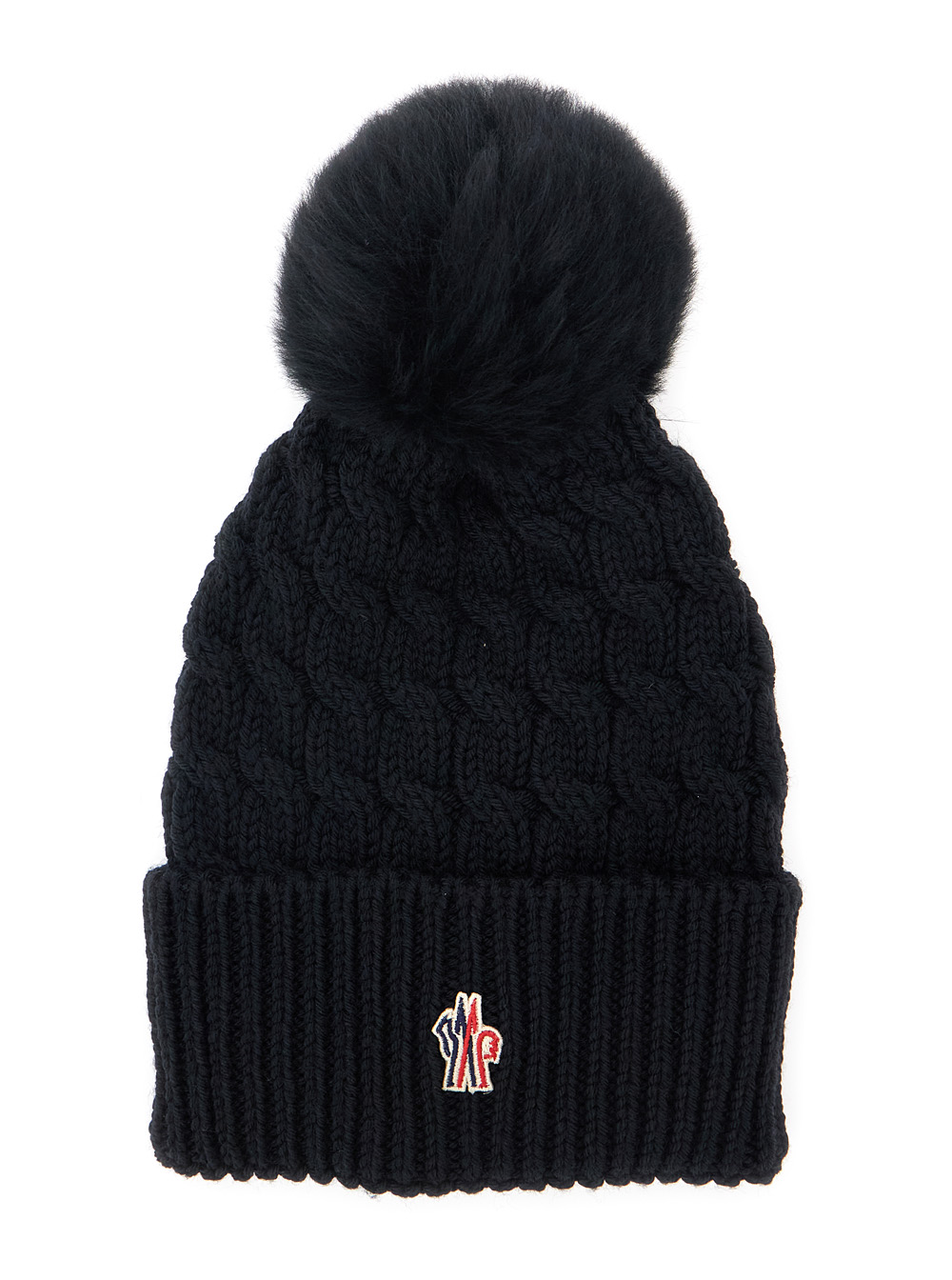Black Beanie with Pompon and Logo Patch on the Front in Wool Woman