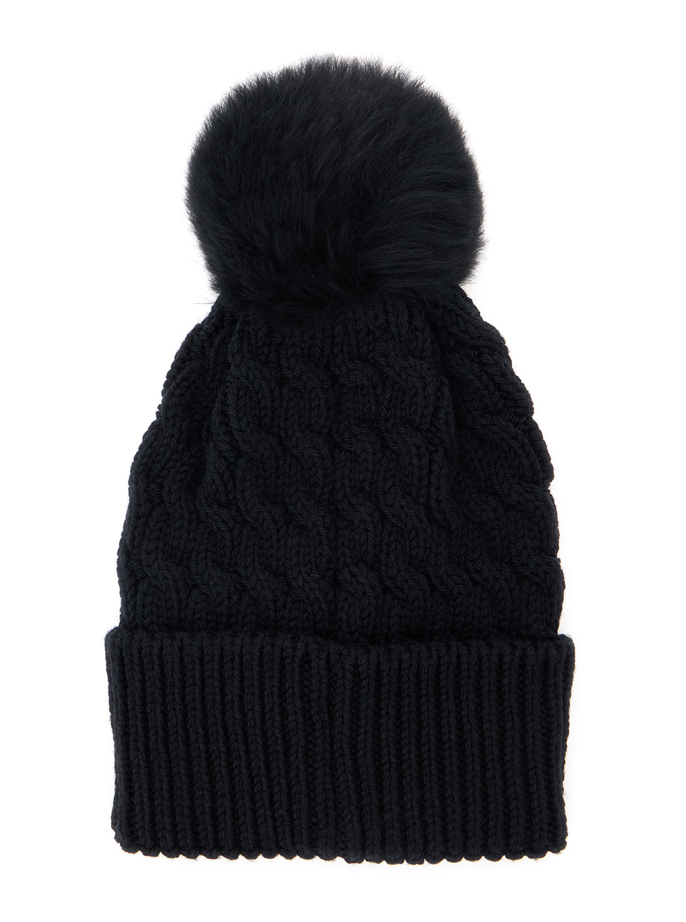 Black Beanie with Pompon and Logo Patch on the Front in Wool Woman hover