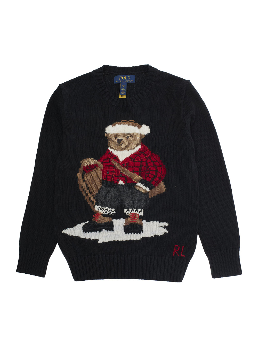 Black Sweater with Maxi Polo Bear Embroidery on the Front and Ribbed Trims in Cotton Boy