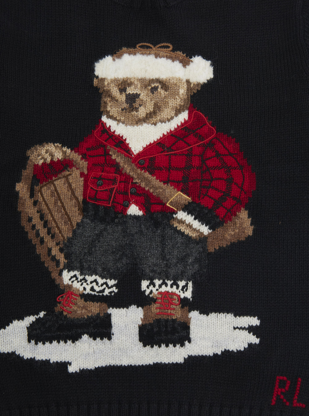 Black Sweater with Maxi Polo Bear Embroidery on the Front and Ribbed Trims in Cotton Boy