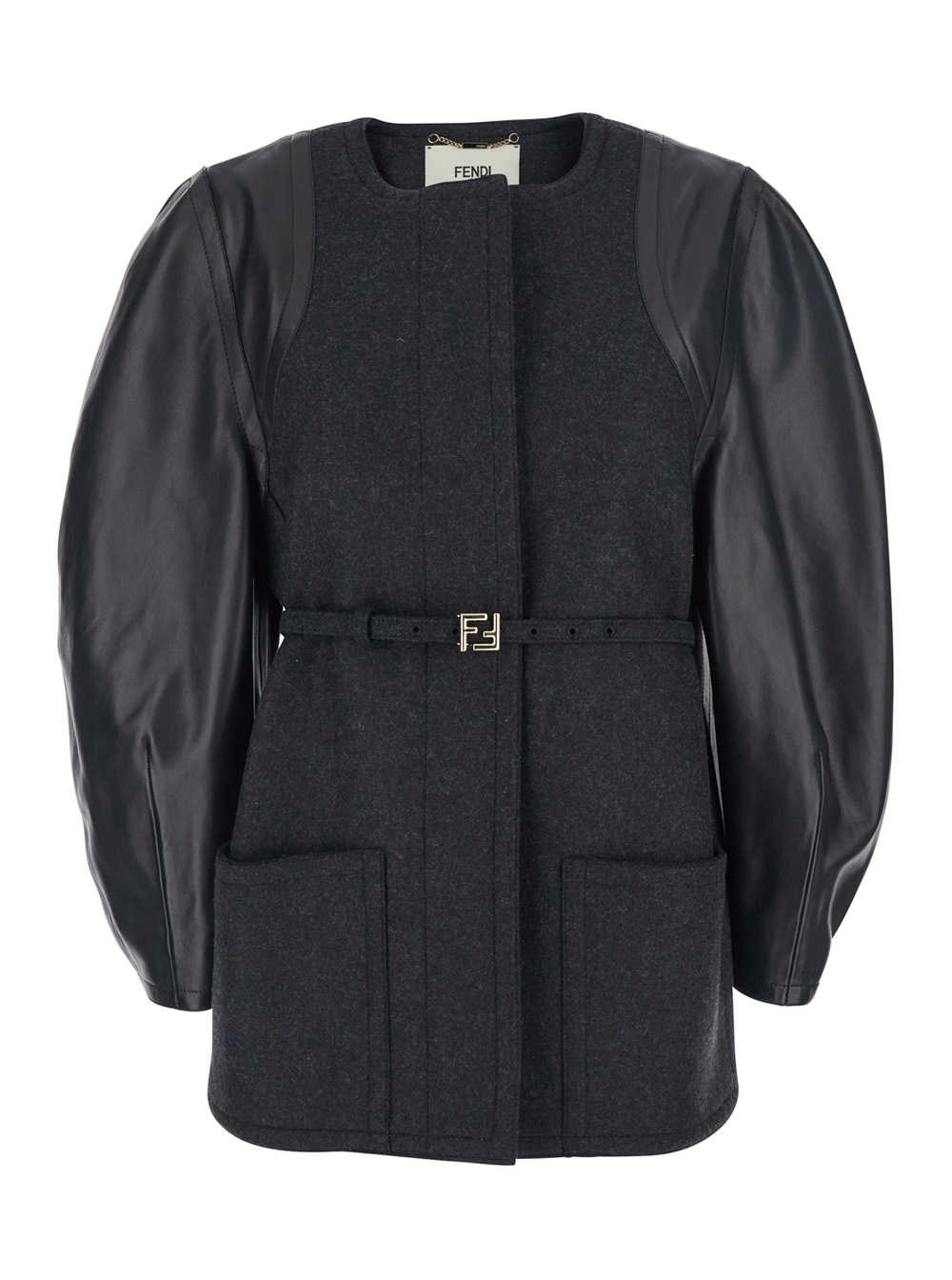 Grey Crewneck Jacket with Puffed Leather Sleeves in Wool Woman