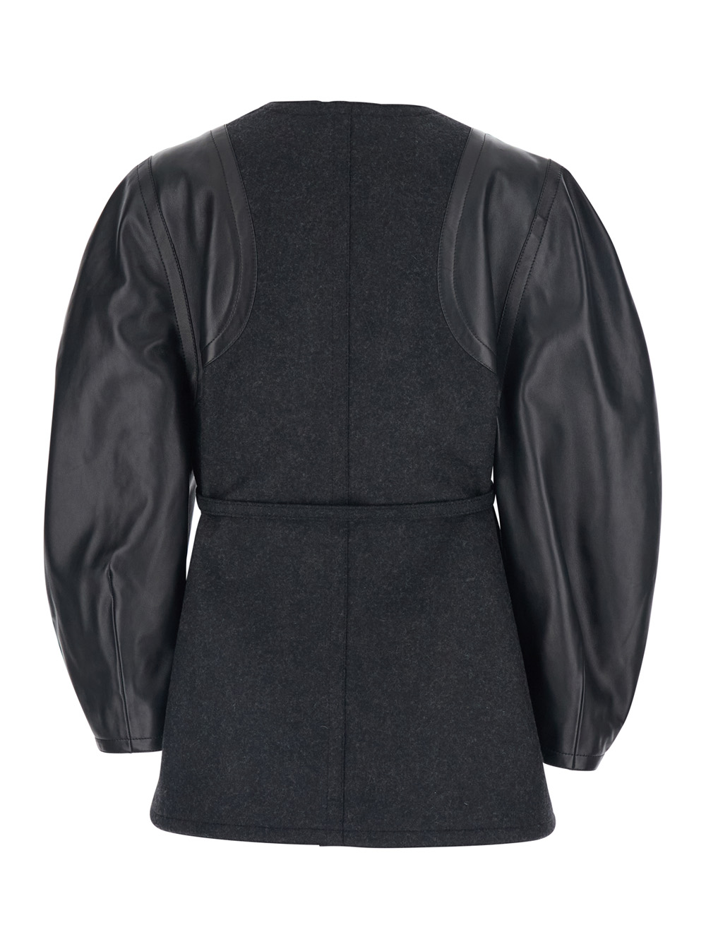 Grey Crewneck Jacket with Puffed Leather Sleeves in Wool Woman hover