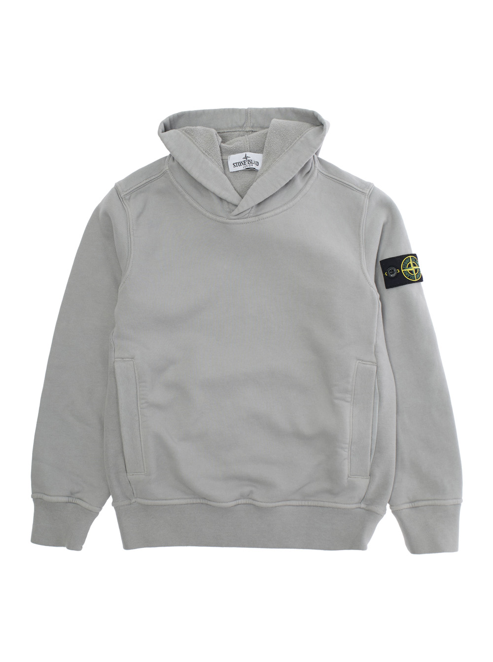 Grey Hoodie with Fixed Hood and Logo Patch on the Sleeve in Cotton Boy