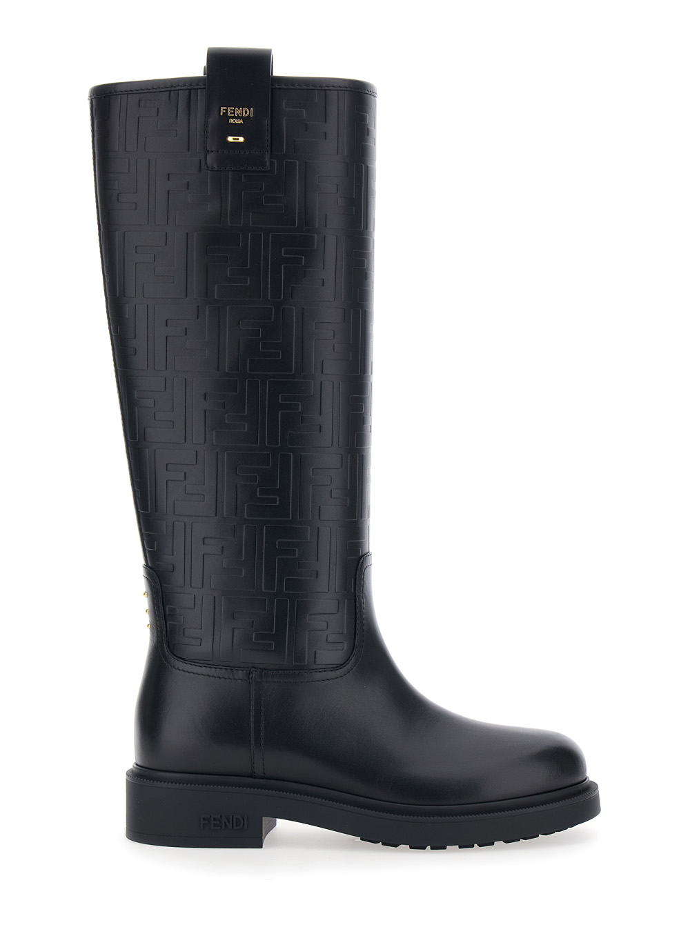 Black Knee-High Boots with All-Over Embossed FF Motif in Leather Woman