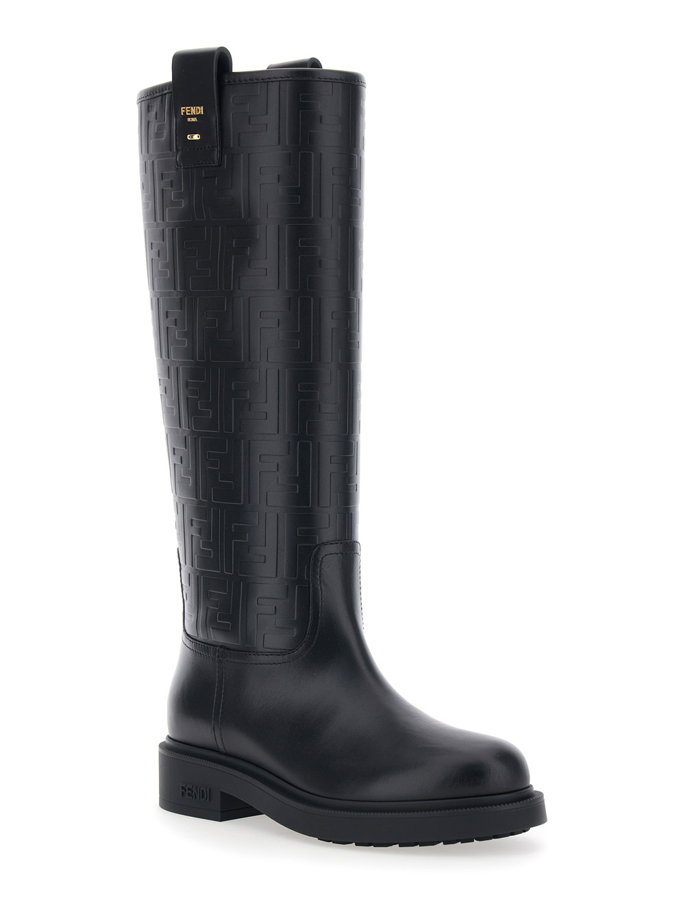 Black Knee-High Boots with All-Over Embossed FF Motif in Leather Woman hover