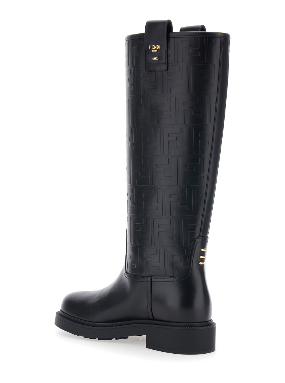 Black Knee-High Boots with All-Over Embossed FF Motif in Leather Woman