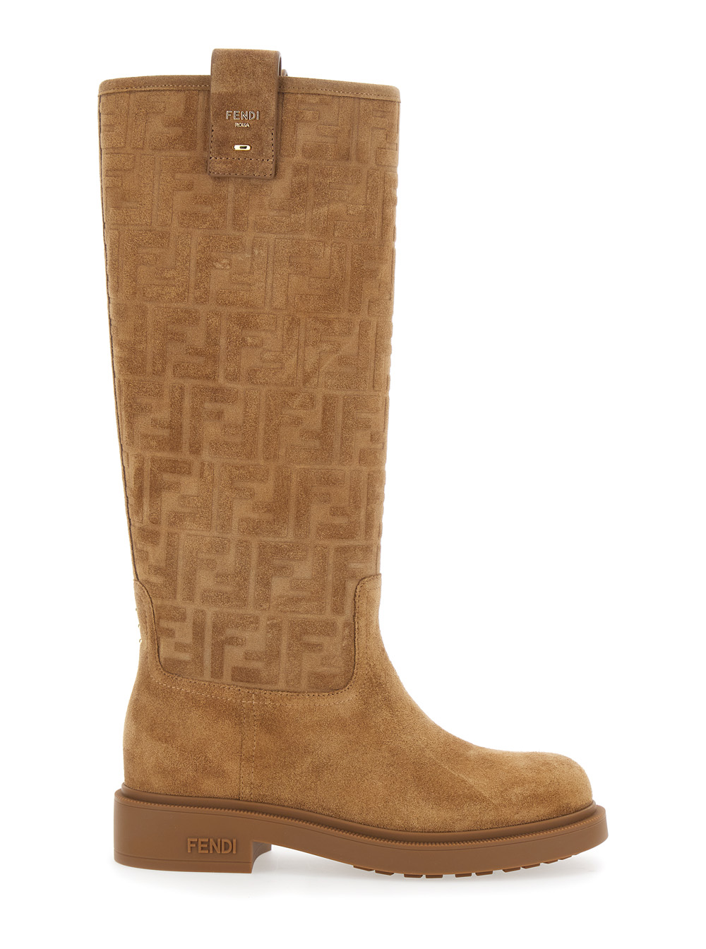 Beige Knee-High Boots with All-Over Embossed FF Motif in Suede Woman