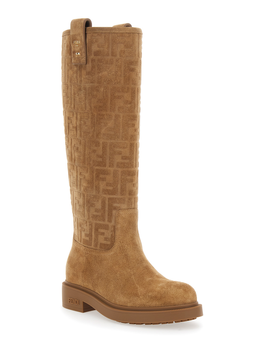Beige Knee-High Boots with All-Over Embossed FF Motif in Suede Woman hover