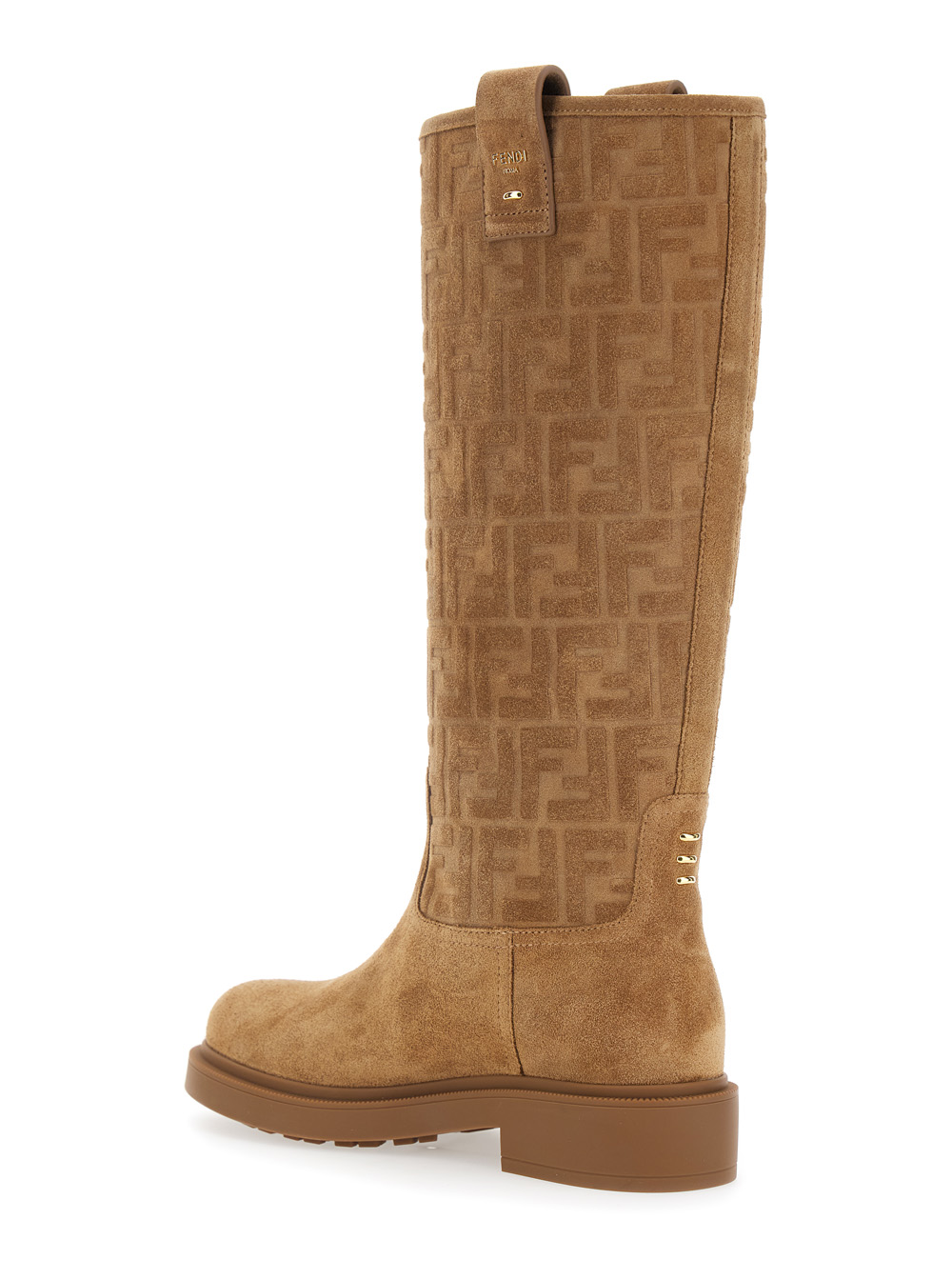 Beige Knee-High Boots with All-Over Embossed FF Motif in Suede Woman