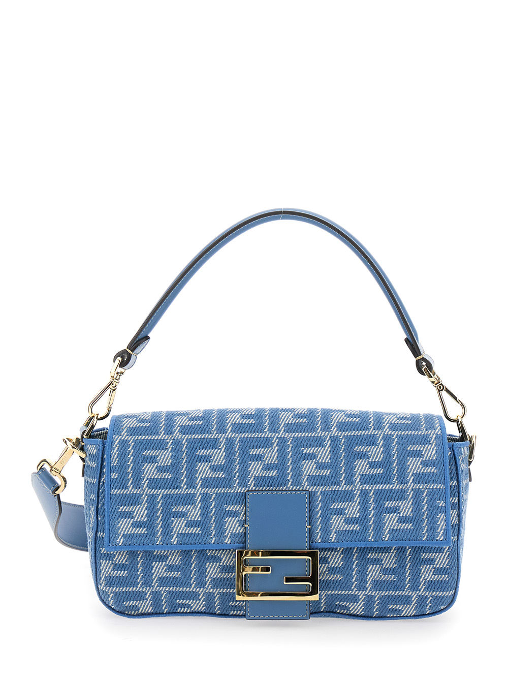 Baguette Medium Blue Shoulder Bag with All-Over FF Motif and FF Logo Plaque on the Front in Cotton Woman