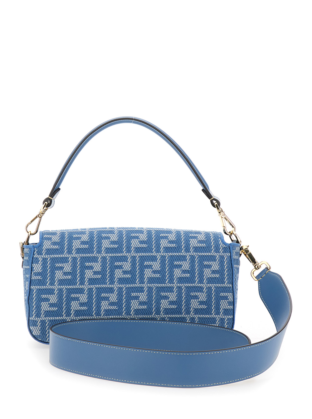 Baguette Medium Blue Shoulder Bag with All-Over FF Motif and FF Logo Plaque on the Front in Cotton Woman hover